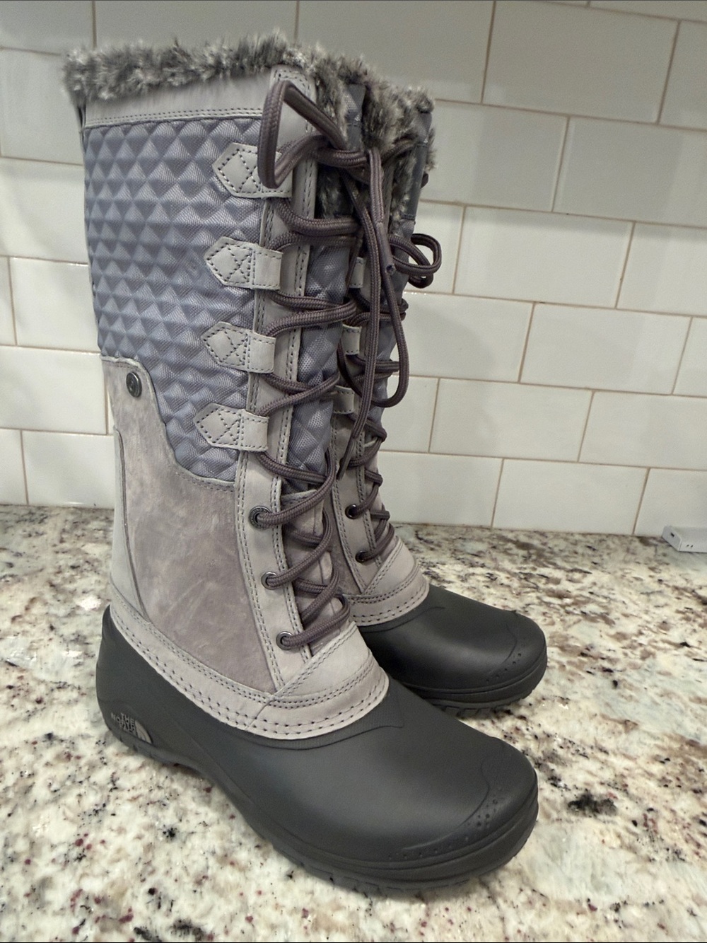 The North Face Women's Gray Lace-Up Faux Fur Winter Boots